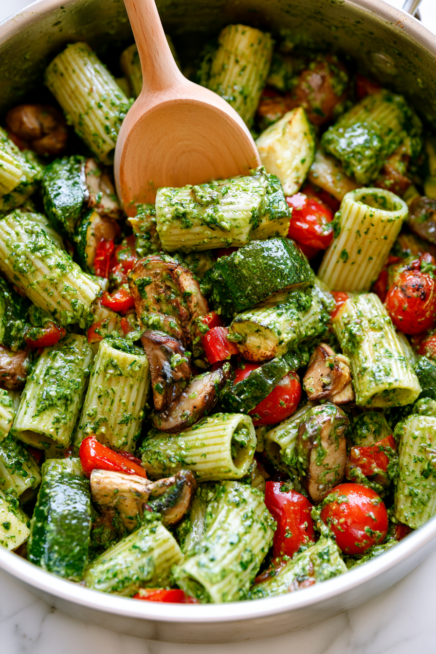 Add a splash of reserved pasta water if the pesto seems too thick. Continue tossing until the sauce becomes glossy and clings to the pasta