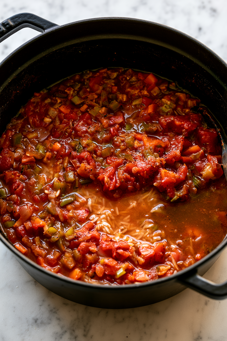 Add crushed tomatoes, vegan Worcestershire sauce, rice, and vegetable broth