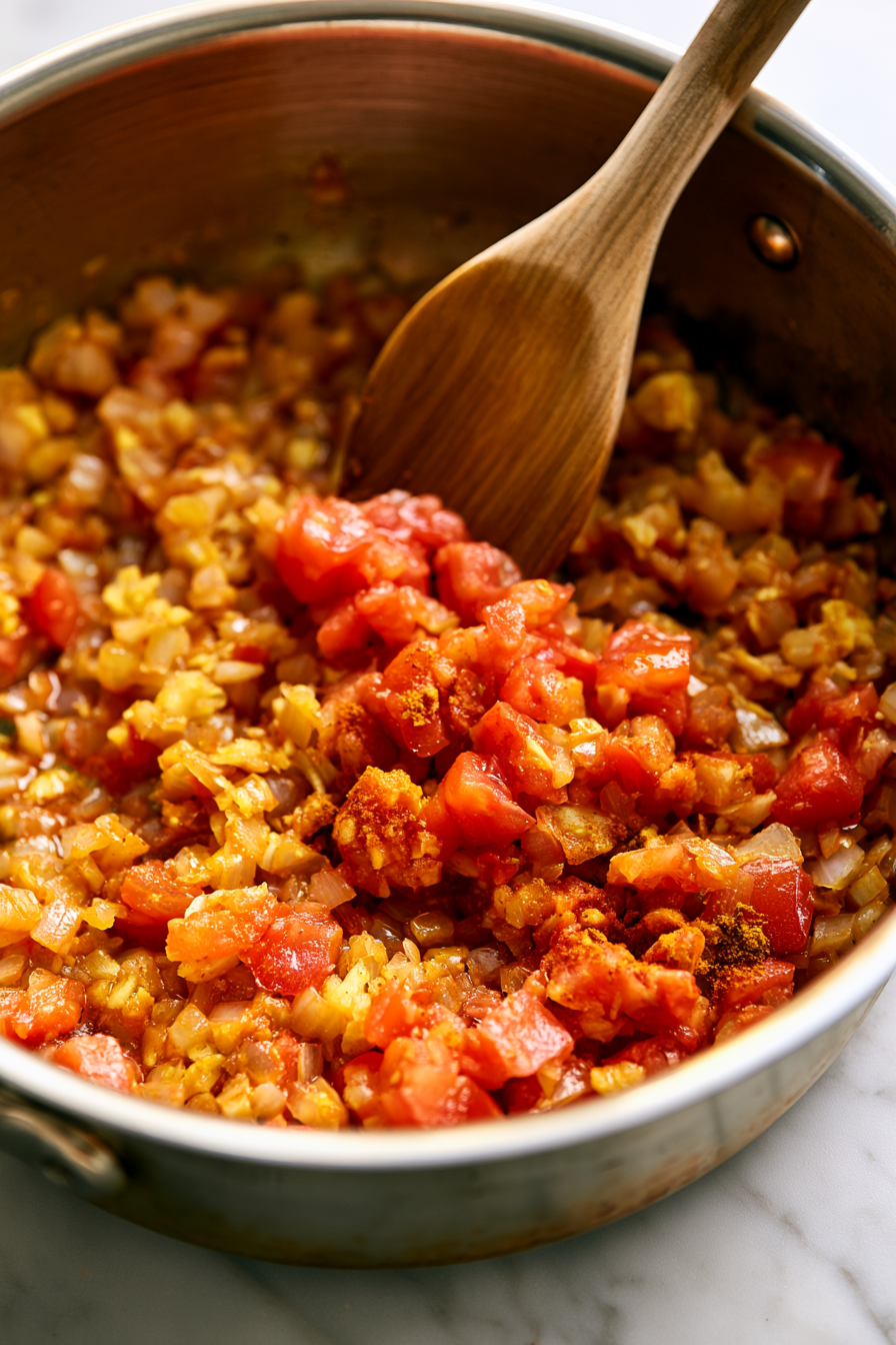 Add garlic, ginger, tomatoes, cumin, coriander