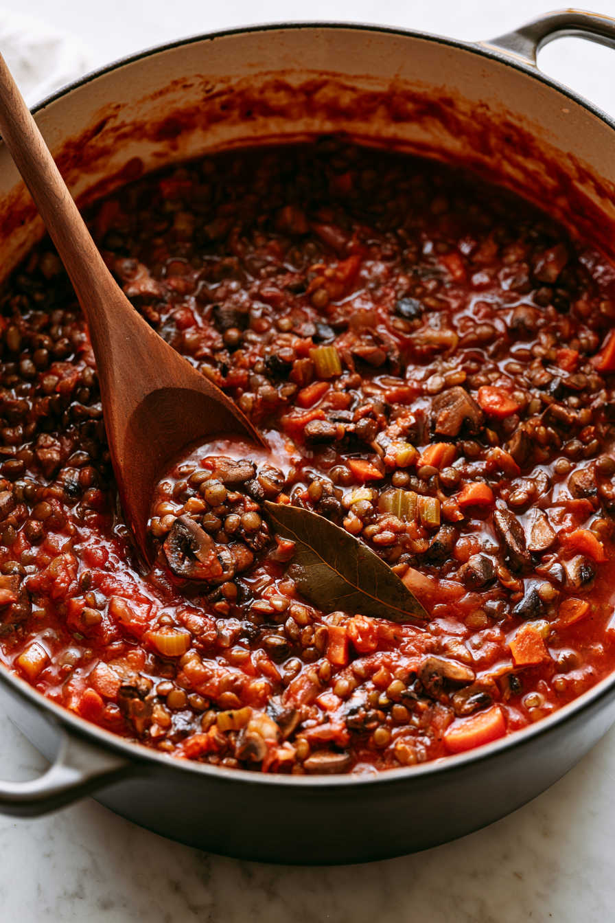 Add lentils, crushed tomatoes, vegetable broth, red wine, soy sauce, balsamic vinegar, maple syrup, bay leaf, salt, and pepper