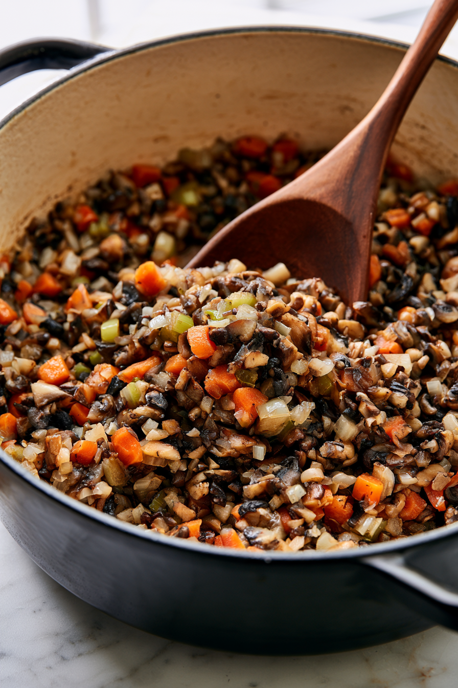 Add mushrooms and cook for 6 to 8 minutes, until they release their moisture and begin to brown