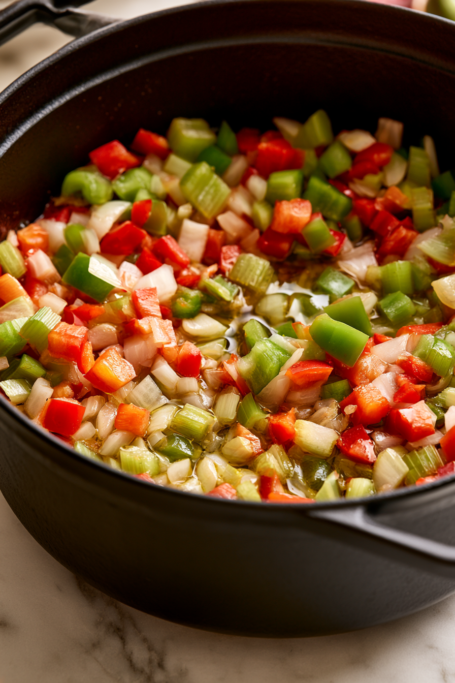 Add onion, bell peppers, and celery to the same pot. Cook for 5 to 7 minutes until softened