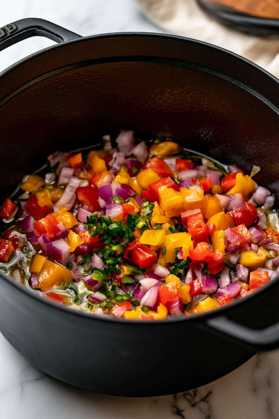 Add onion, bell peppers, and jalapeño. Cook for 5 to 7 minutes until softened