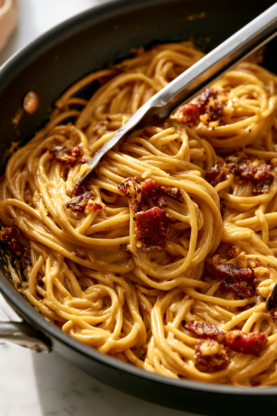 Add reserved pasta water a little at a time, tossing between additions, until the sauce becomes smooth and glossy and clings to the spaghetti