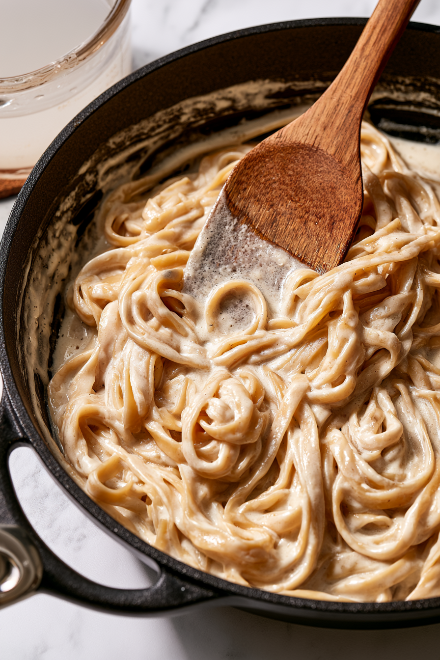 Add reserved pasta water a tablespoon at a time until the sauce reaches your preferred consistency