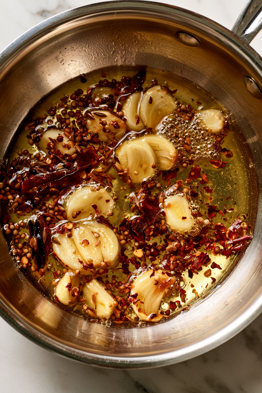 Add sliced garlic, dried chilies, and red pepper flakes. Cook briefly until the garlic is lightly golden and fragrant