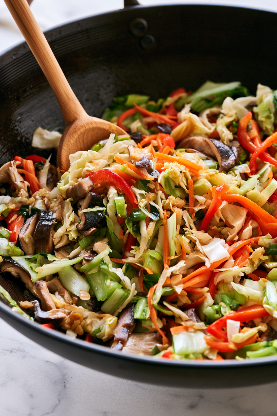 Add the cabbage, carrot, bell pepper, and bok choy stems. Stir-fry for another 3–4 minutes until the vegetables are slightly tender while still keeping some crunch