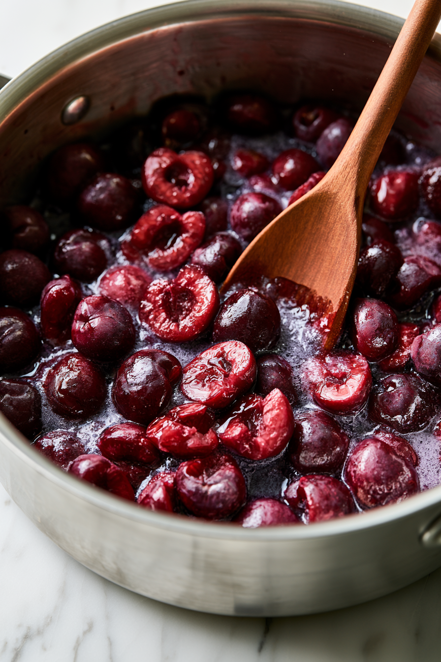 Add the cherries, sugar, and lemon juice to a saucepan. Cook over medium heat for 5 to 7 minutes, until the cherries soften and release their juices