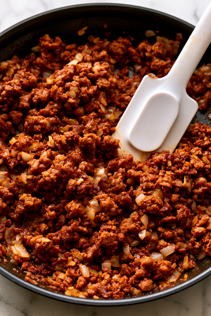Heat a large skillet over medium heat. Add the chorizo and diced onion and cook for 5–7 minutes