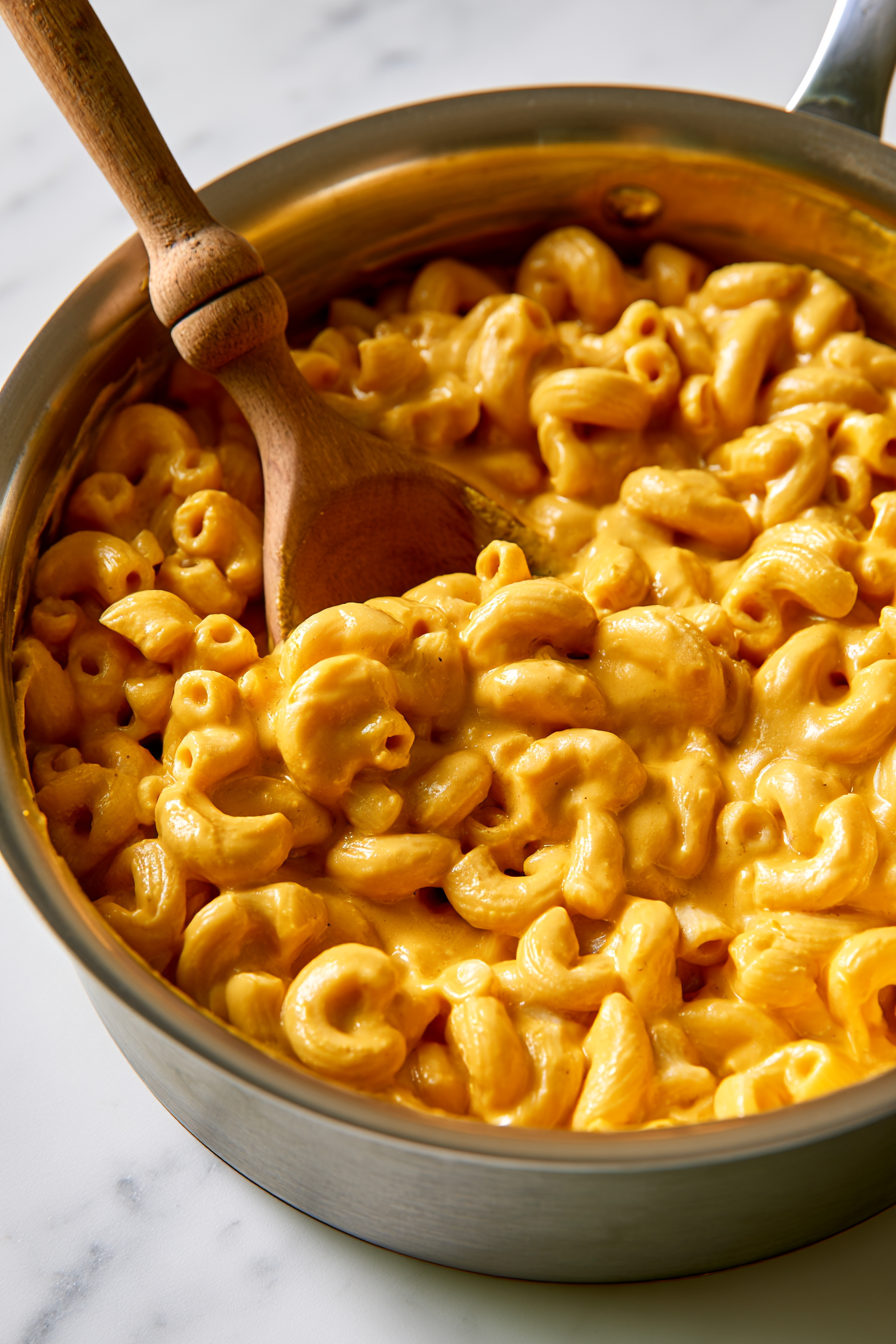 Add the cooked macaroni to the sauce and gently stir until every noodle is evenly coated