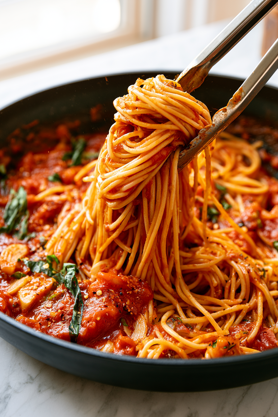 Add the drained pasta directly to the skillet and toss well to coat every strand or piece with the tomato sauce