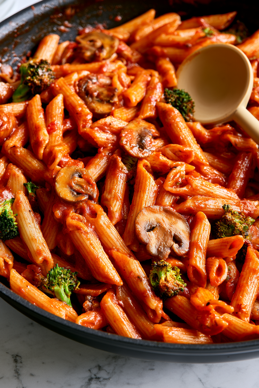 Add the drained penne to the skillet and toss until every piece is coated in the spicy tomato sauce
