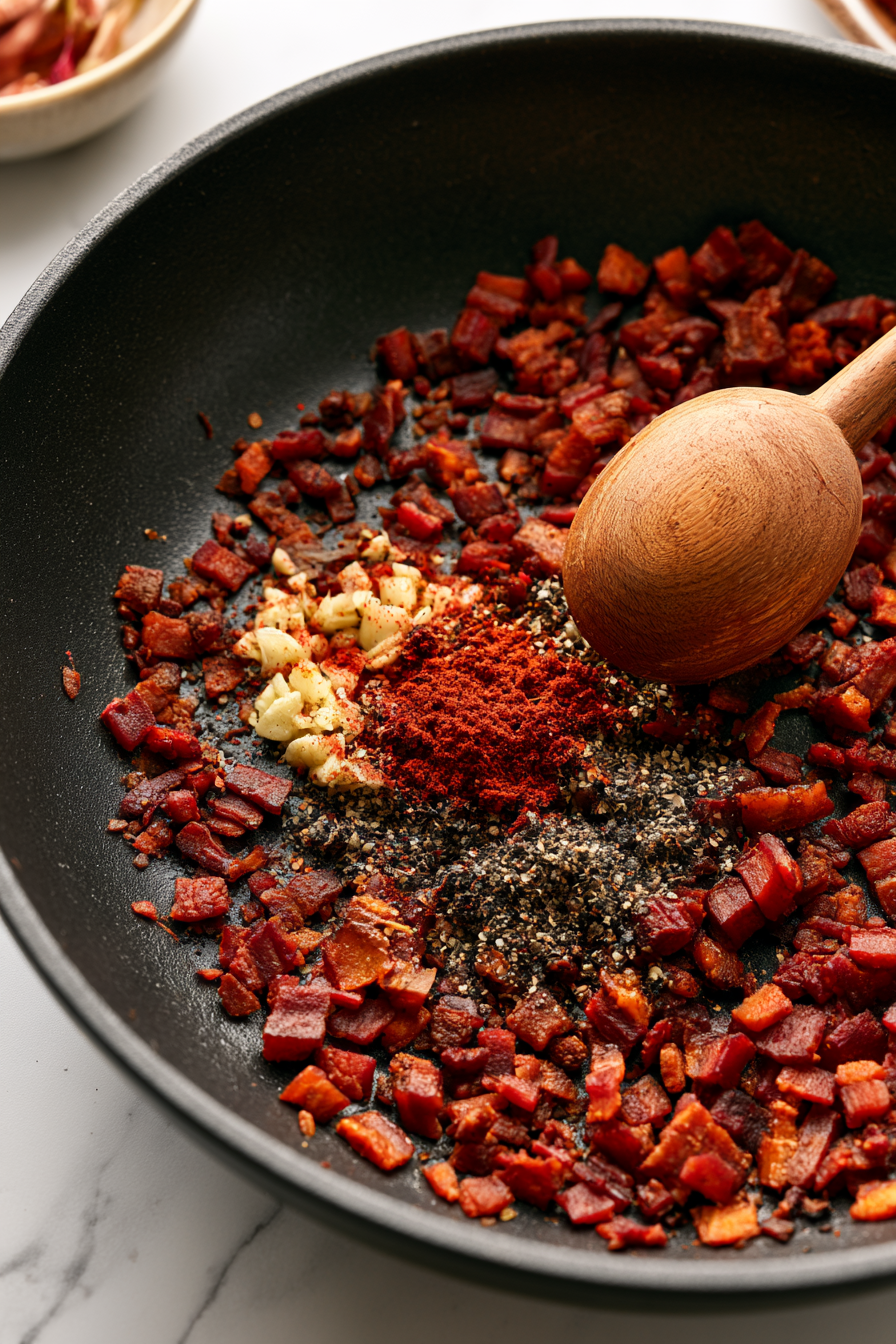 Add the minced garlic, smoked paprika, and black pepper. Cook for about 30 seconds, stirring constantly, until fragrant