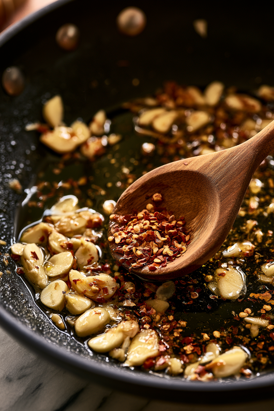Add the red pepper flakes to the garlic oil and cook for about 30 seconds to release their flavor