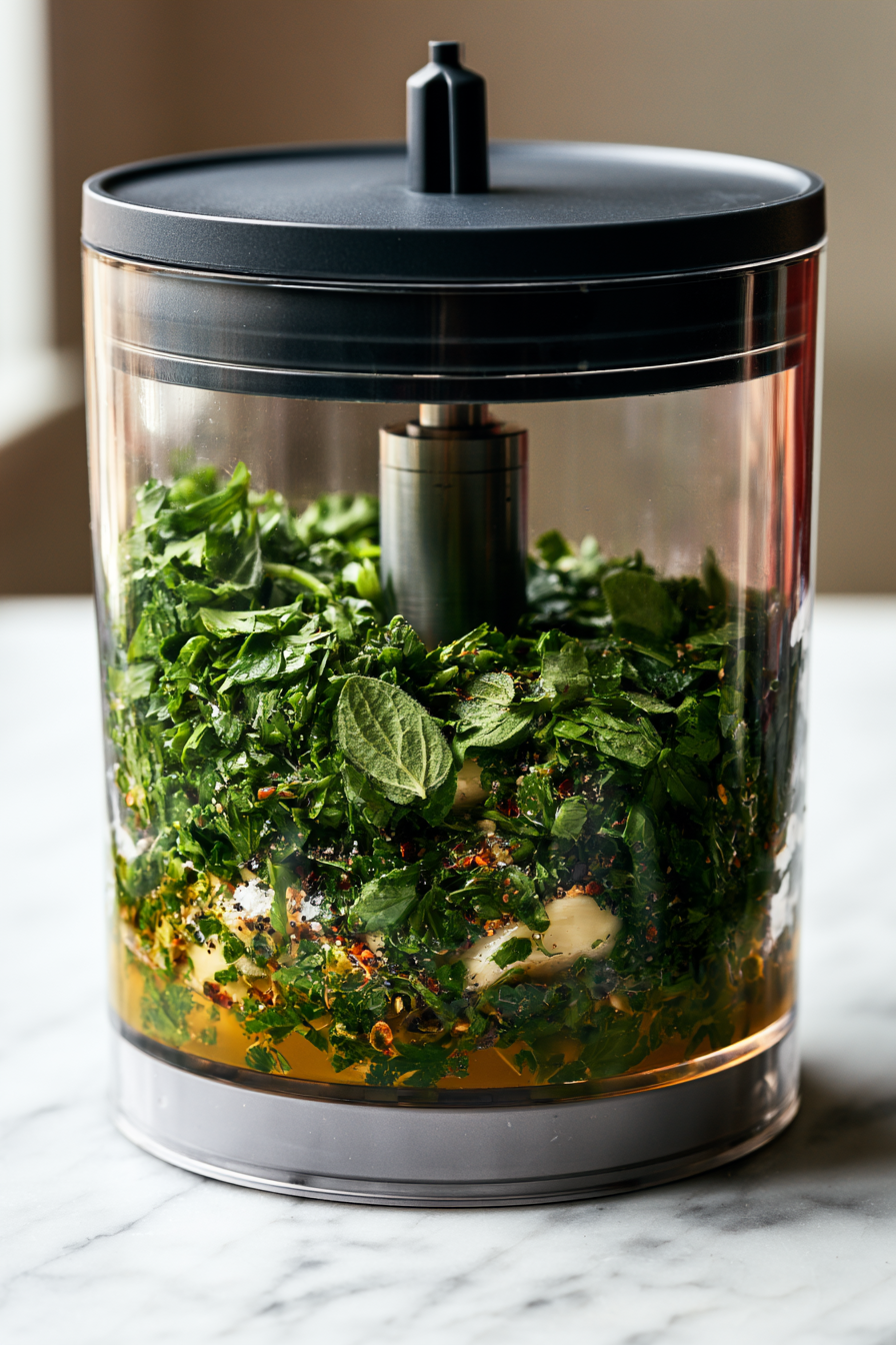 Add the shallot, parsley, oregano, garlic, salt, pepper, and red pepper flakes to a food processor. Pulse until finely chopped but still slightly chunky. Stir in the olive oil and red wine vinegar