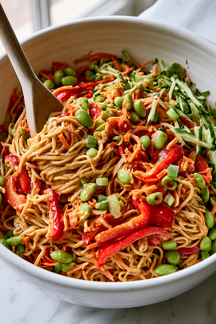 Add the sliced bell pepper, carrots, cucumber, edamame, and green onions