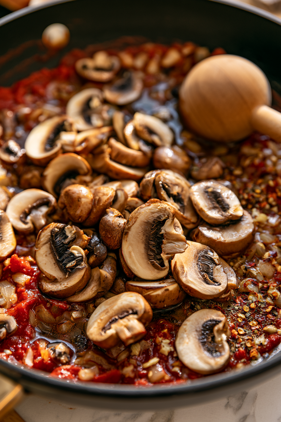 Add the sliced mushrooms and cook for 4–5 minutes, stirring occasionally, until they soften and begin to release their moisture
