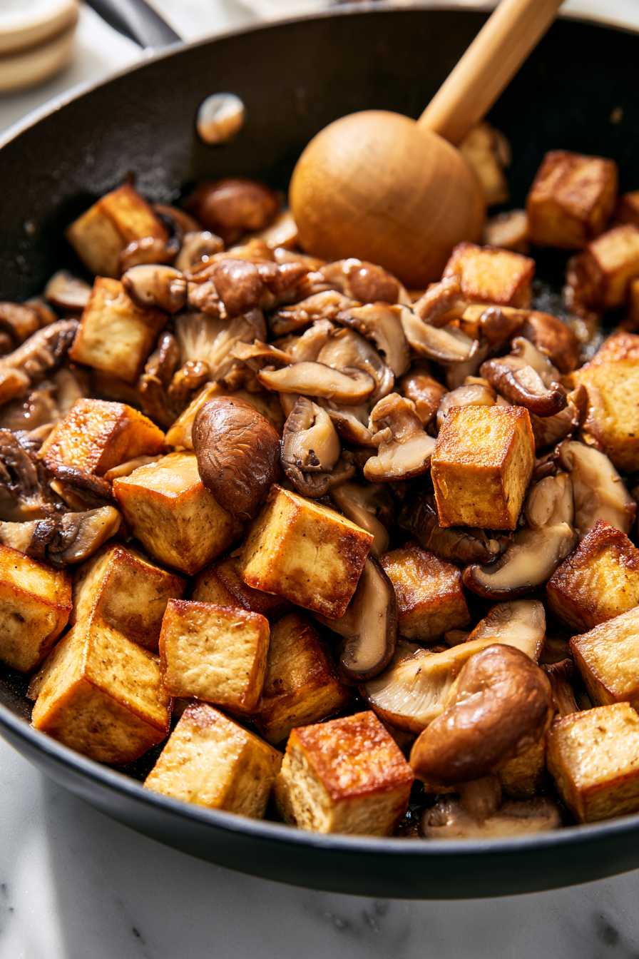 Add the sliced mushrooms to the skillet and cook for 4–5 minutes until tender and browned