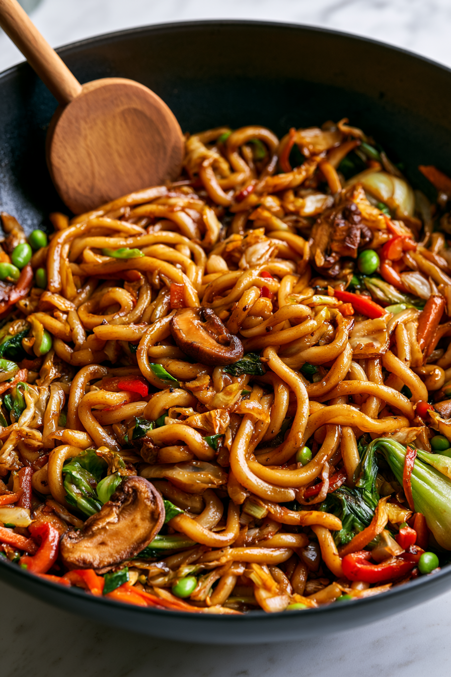 Add the udon noodles and toss everything together until the noodles are evenly coated