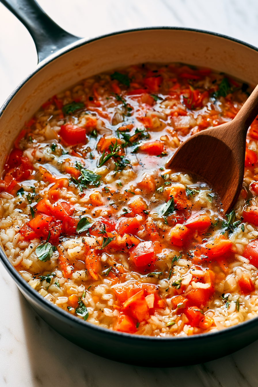 Add the vegetable broth, diced tomatoes, salt, and black pepper. Bring to a gentle boil