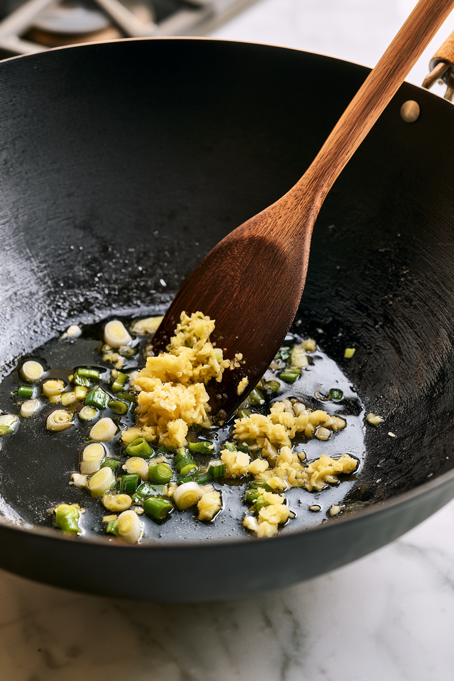 Add the white parts of the green onions, ginger, and garlic. Stir-fry for about 30–60 seconds until fragrant