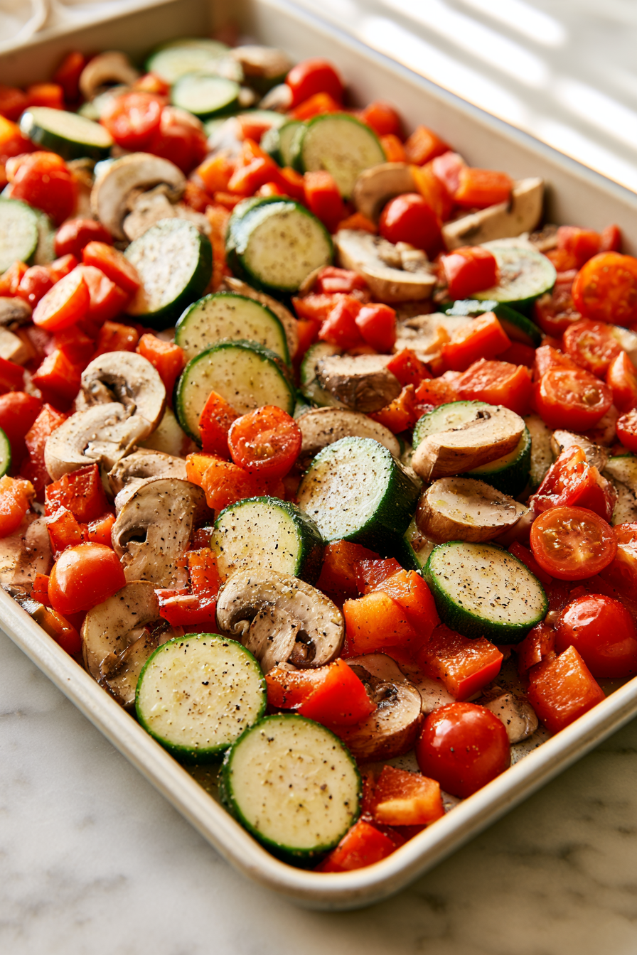 Add the zucchini, mushrooms, bell pepper, and cherry tomatoes to a large baking sheet. Toss with olive oil, salt, and black pepper until evenly coated