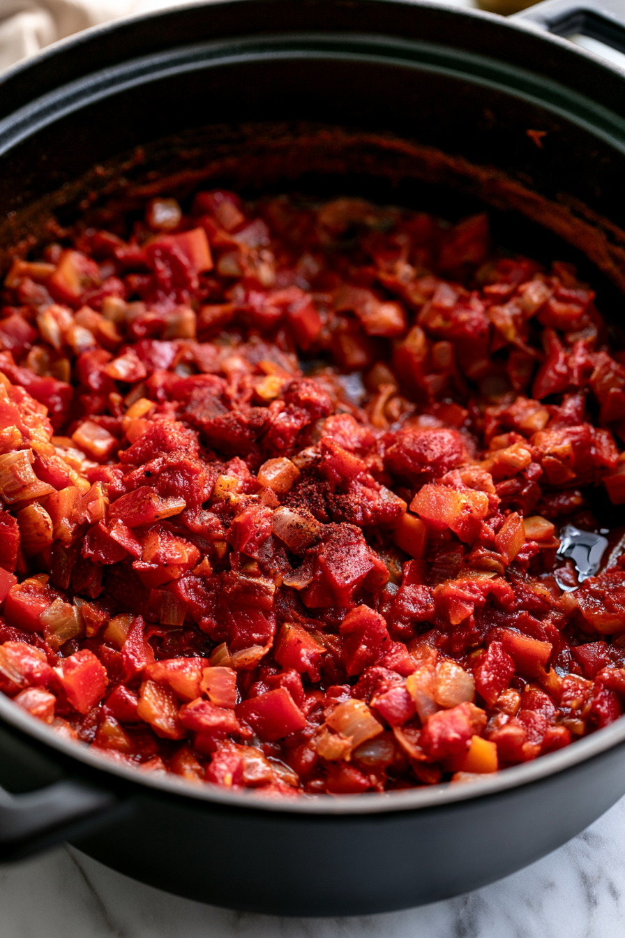 Add diced tomatoes, black beans, vegetable broth, salt, and black pepper. Stir well