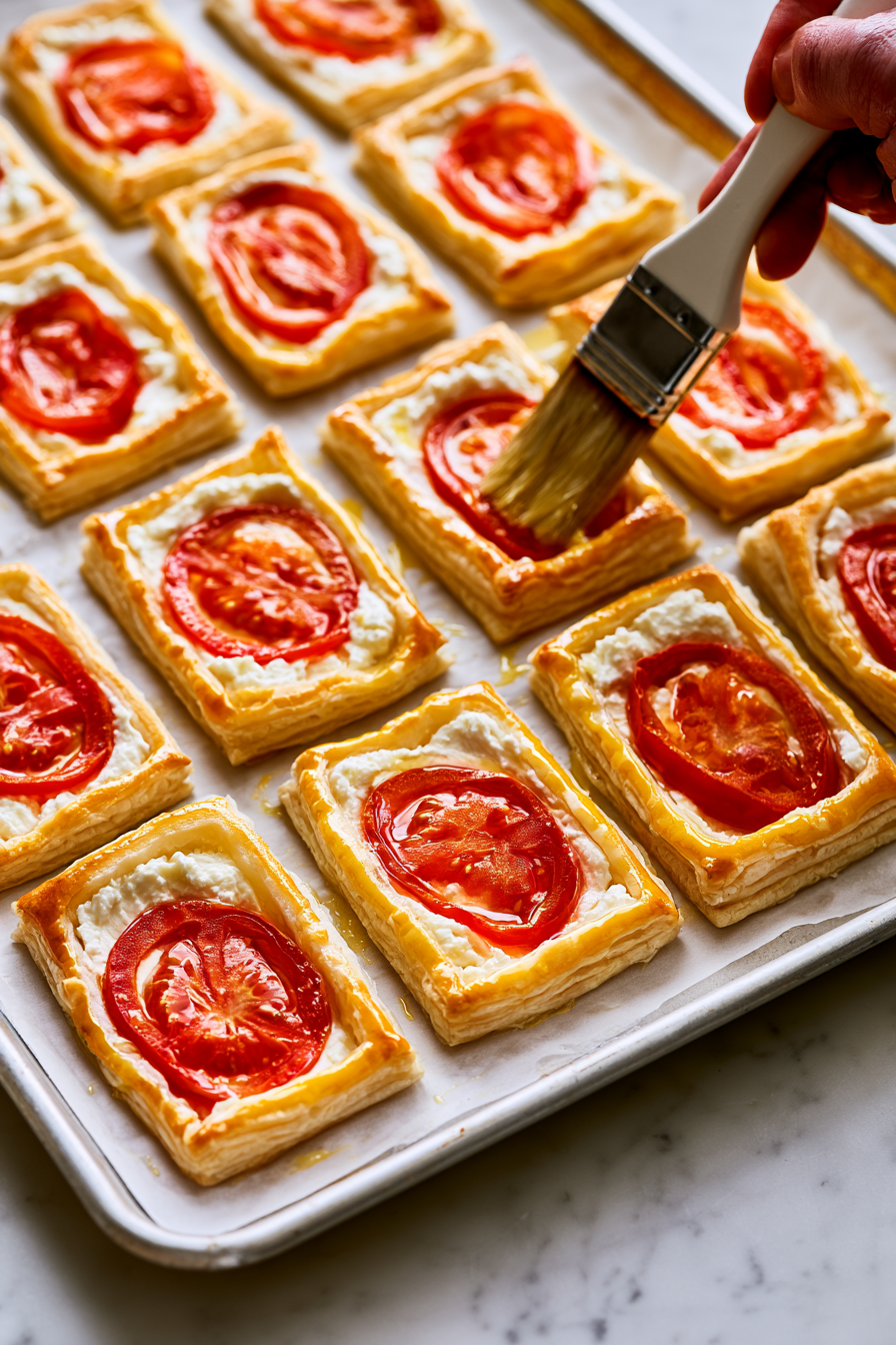 Arrange the tomato slices over the cheese and lightly brush the tomatoes with olive oil