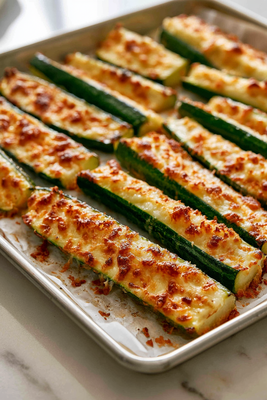 Bake for 15–20 minutes, until the zucchini is tender and the Parmesan is golden and crisp