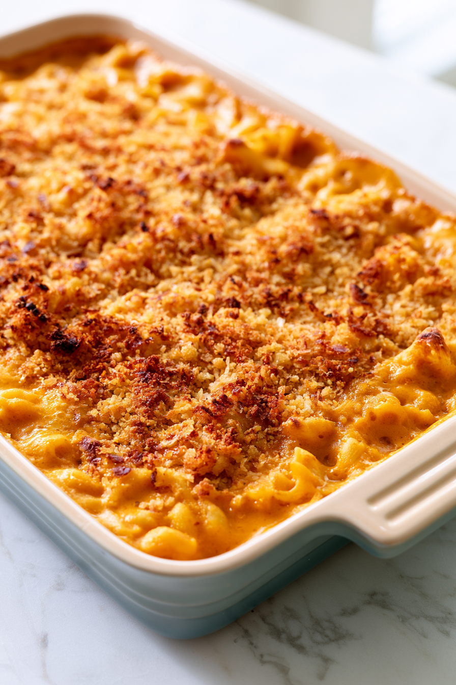 Bake uncovered for 15–20 minutes, until the sauce is bubbling around the edges and the breadcrumb topping is crisp and golden