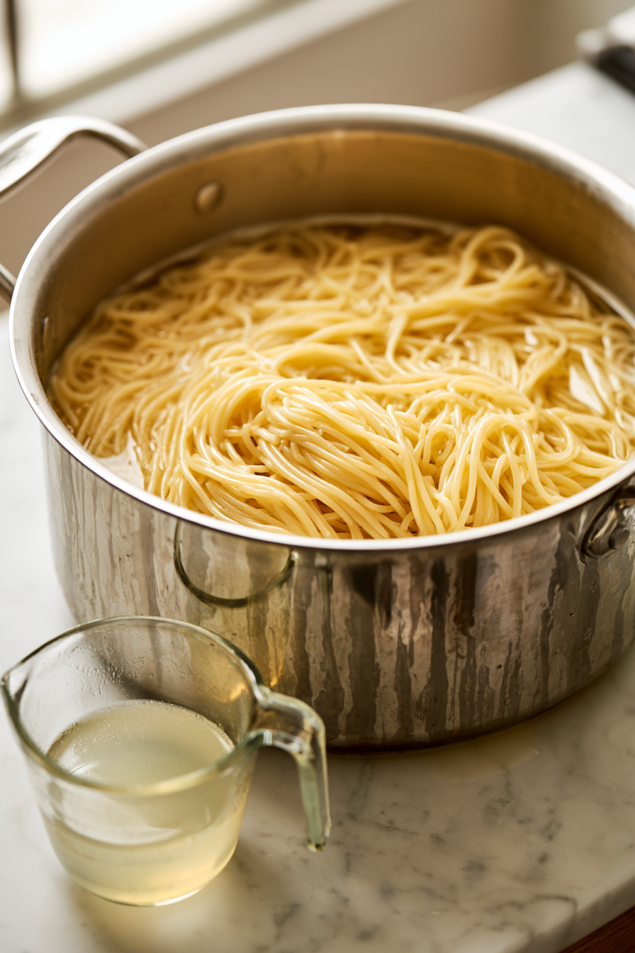 Before draining the pasta, reserve about ½ cup of the starchy cooking water