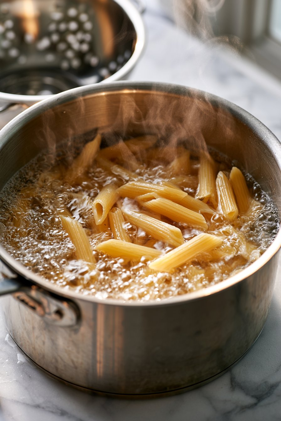 Bring a large pot of generously salted water to a boil. Cook the penne according to the package directions until al dente