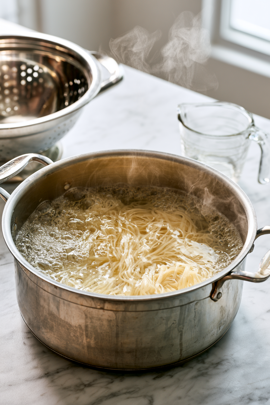 Bring a large pot of water to a boil and cook the noodles according to the package directions until tender
