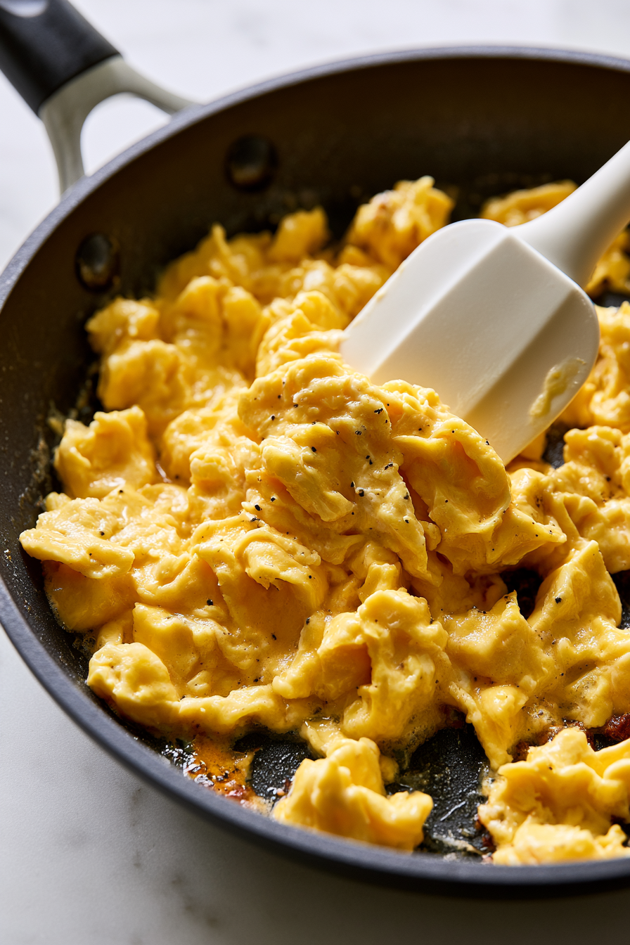 Cook the eggs slowly, stirring gently with a spatula, until they are softly set and fluffy, about 3 minutes