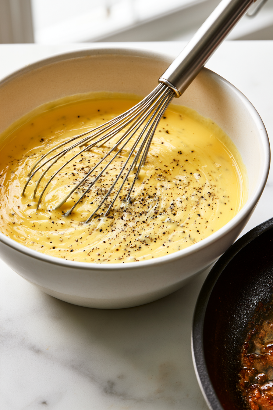 Crack the eggs into a bowl and whisk with the salt and black pepper