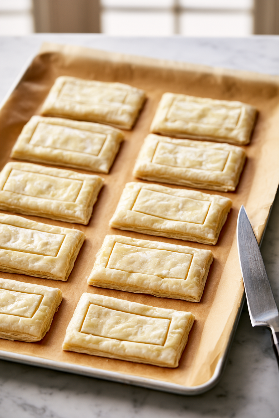 Cut the puff pastry into 9 equal rectangles. Lightly score a smaller rectangle inside each piece