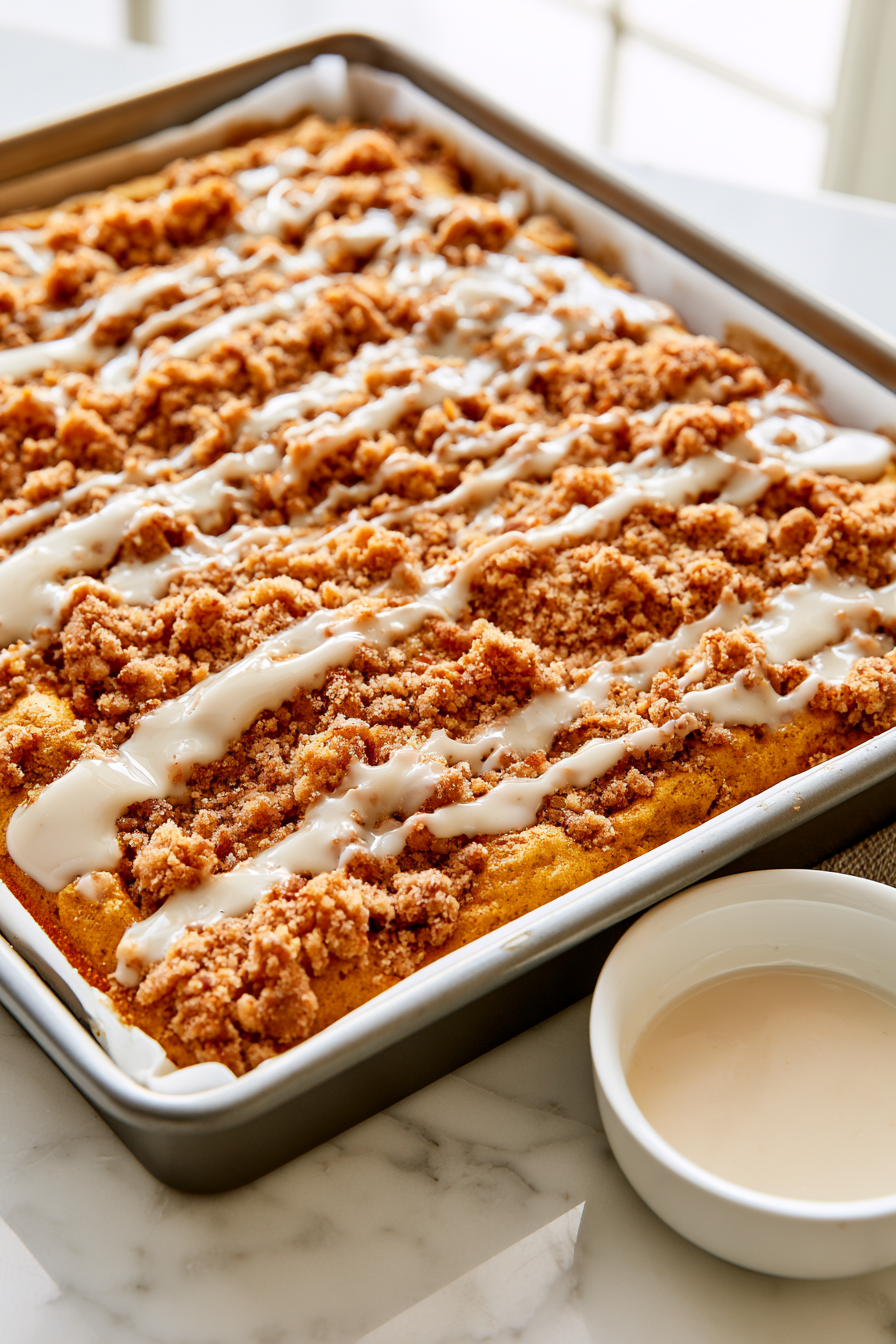 Drizzle the glaze over the warm or cooled coffee cake. Slice into 9 squares and serve