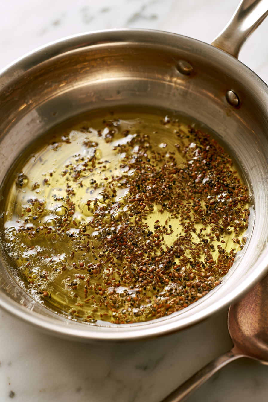 For the tempering, heat ghee or oil in a small skillet. Add cumin seeds and mustard seeds and let them sizzle for a few seconds