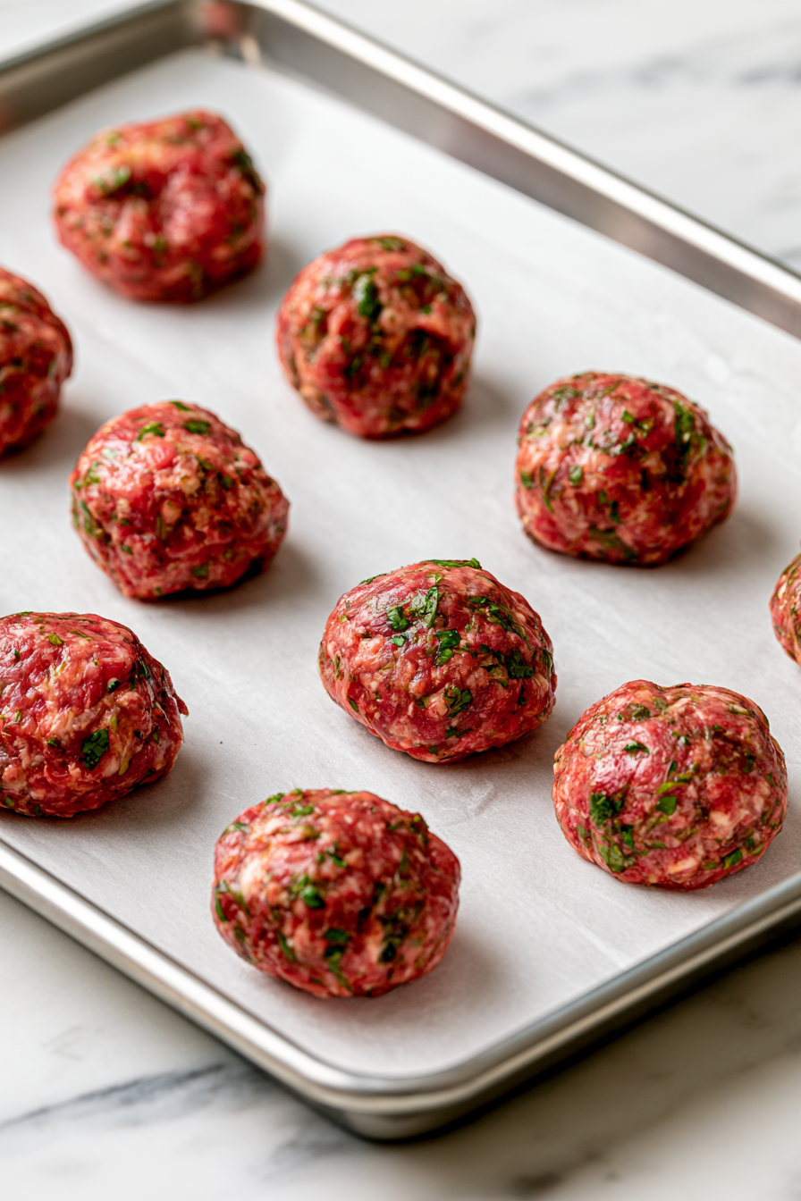 Form the mixture into golf-ball-sized meatballs, about 2 tablespoons each, and arrange them on the prepared baking sheet