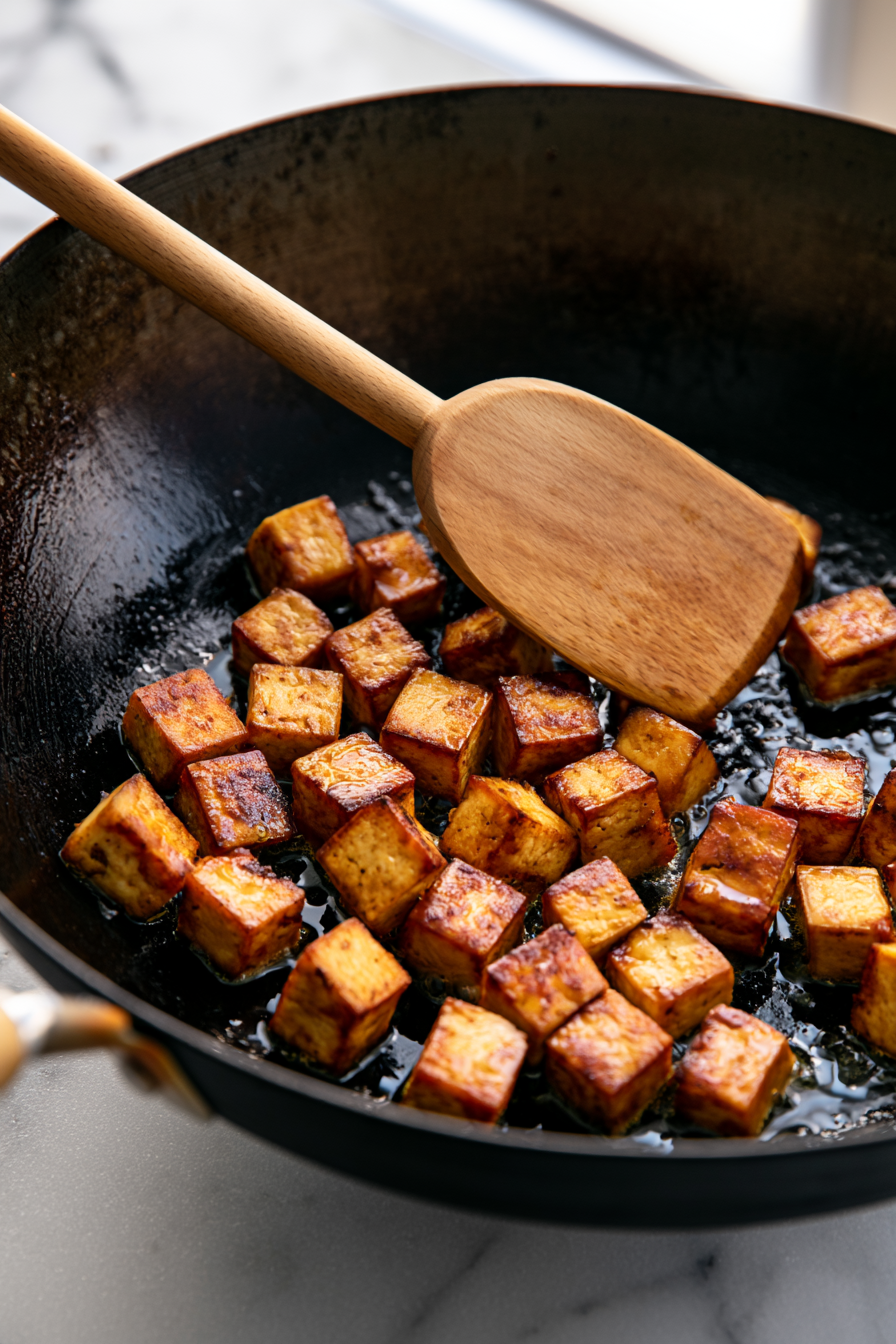 Heat 1 tablespoon of oil in a large wok or skillet over medium-high heat. Add the tofu cubes and cook for 6–8 minutes