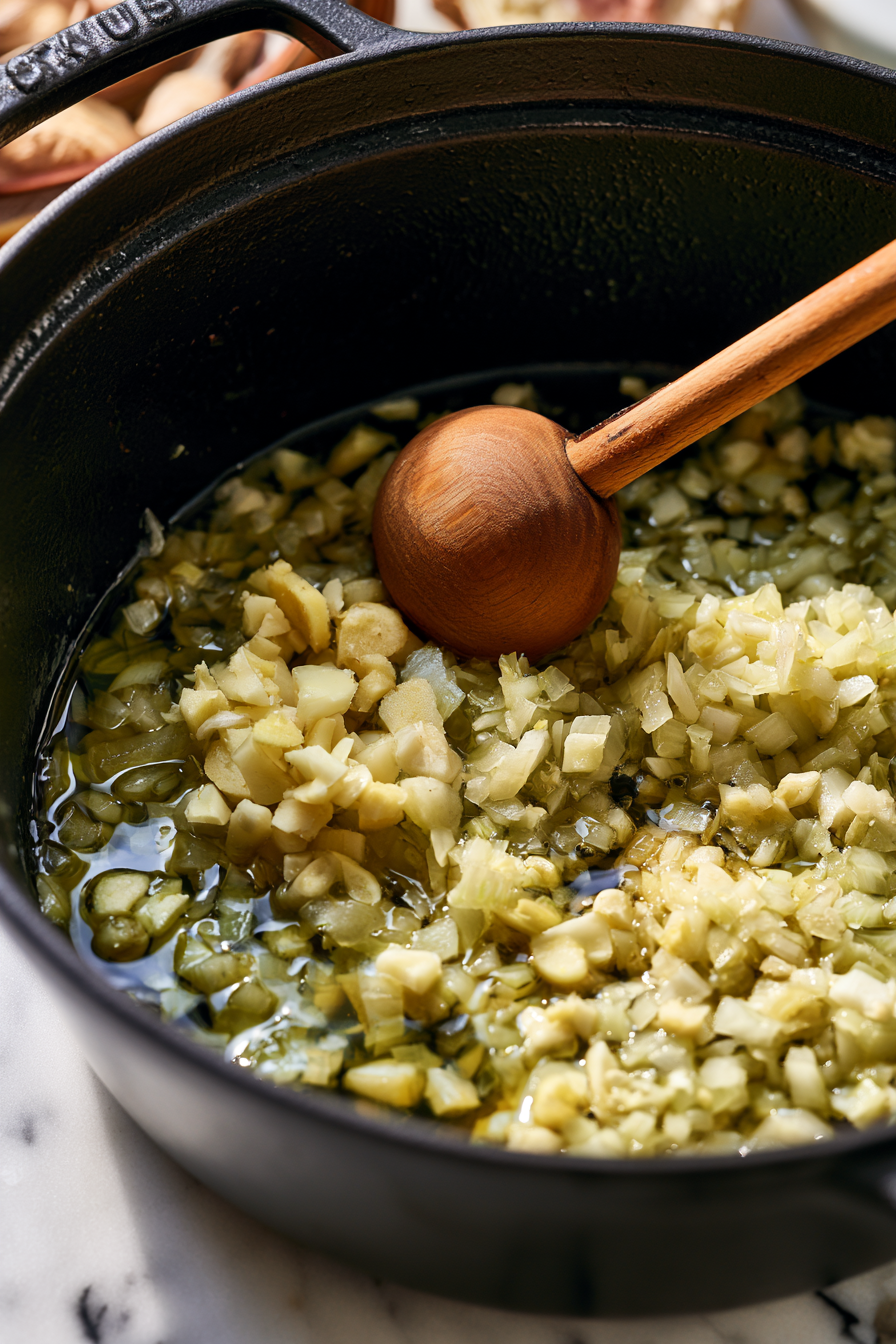 Heat oil in a large soup pot over medium heat. Add the garlic, ginger, and onion and cook for 5–8 minutes, stirring occasionally