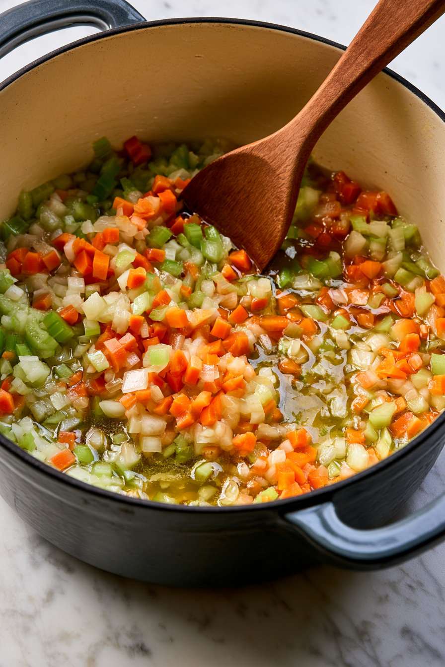Heat olive oil in a large Dutch oven over medium heat. Add onion, carrots, and celery and cook for 6 to 8 minutes until softened