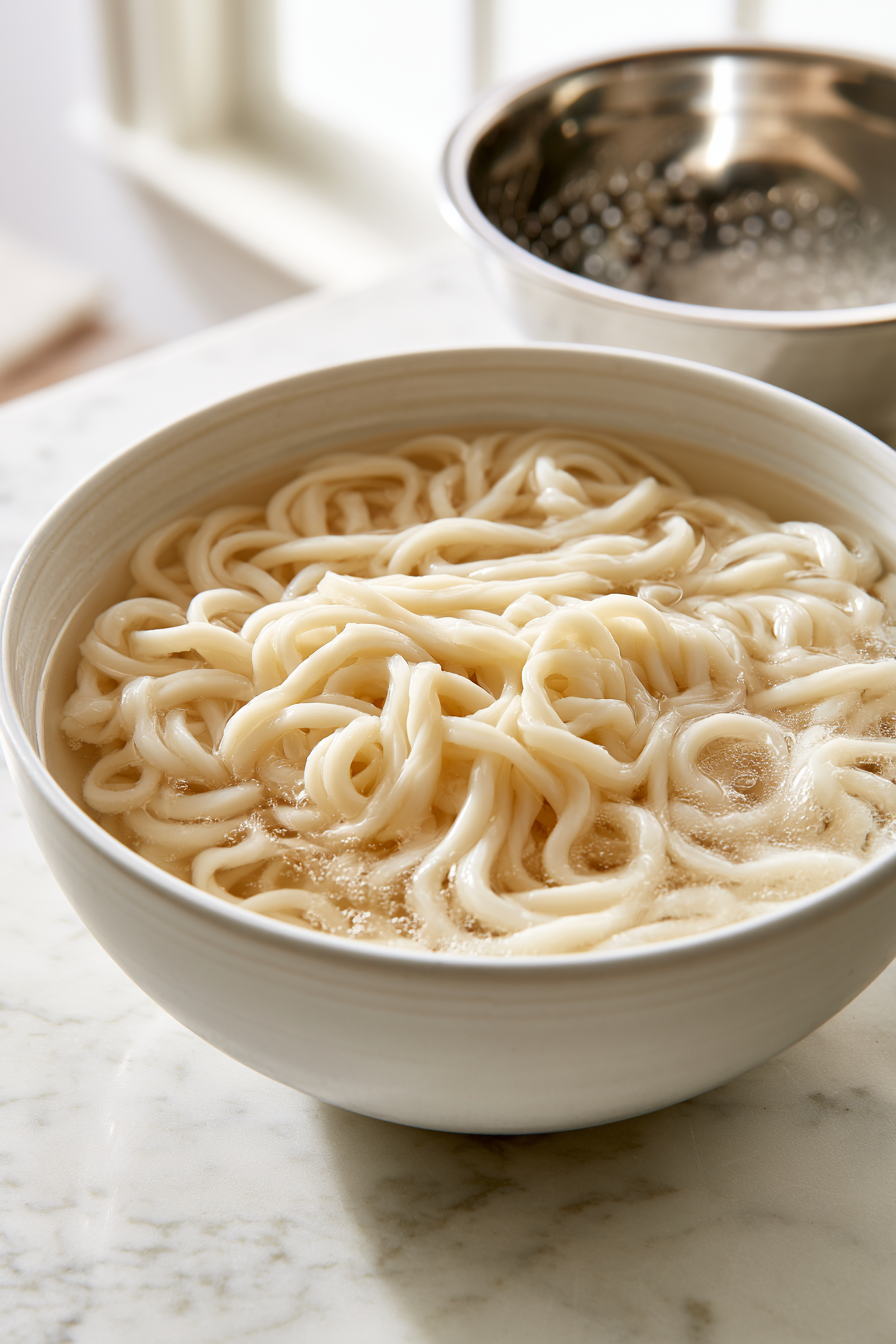 If using vacuum-packed udon noodles, soak them in warm water for a few minutes until the noodles separate easily