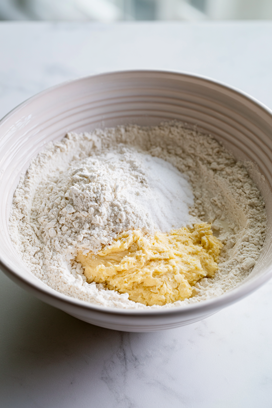 In a separate bowl, whisk together the flour, baking powder, baking soda, and salt