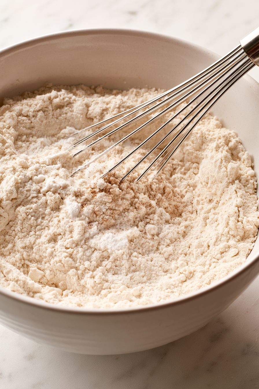 In a separate bowl, whisk together the flour, cornstarch, baking powder, baking soda, salt, cinnamon, and nutmeg