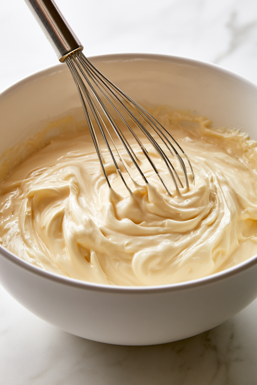 Let it cool slightly, pour into the mixing bowl then stir in the sour cream and vanilla