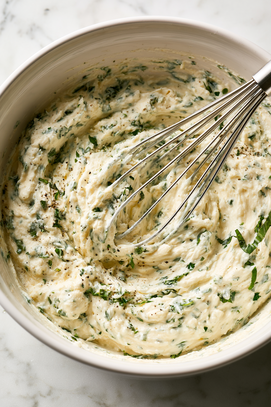 Mix the ricotta, Parmesan, basil, garlic powder, oregano, salt, and pepper until smooth