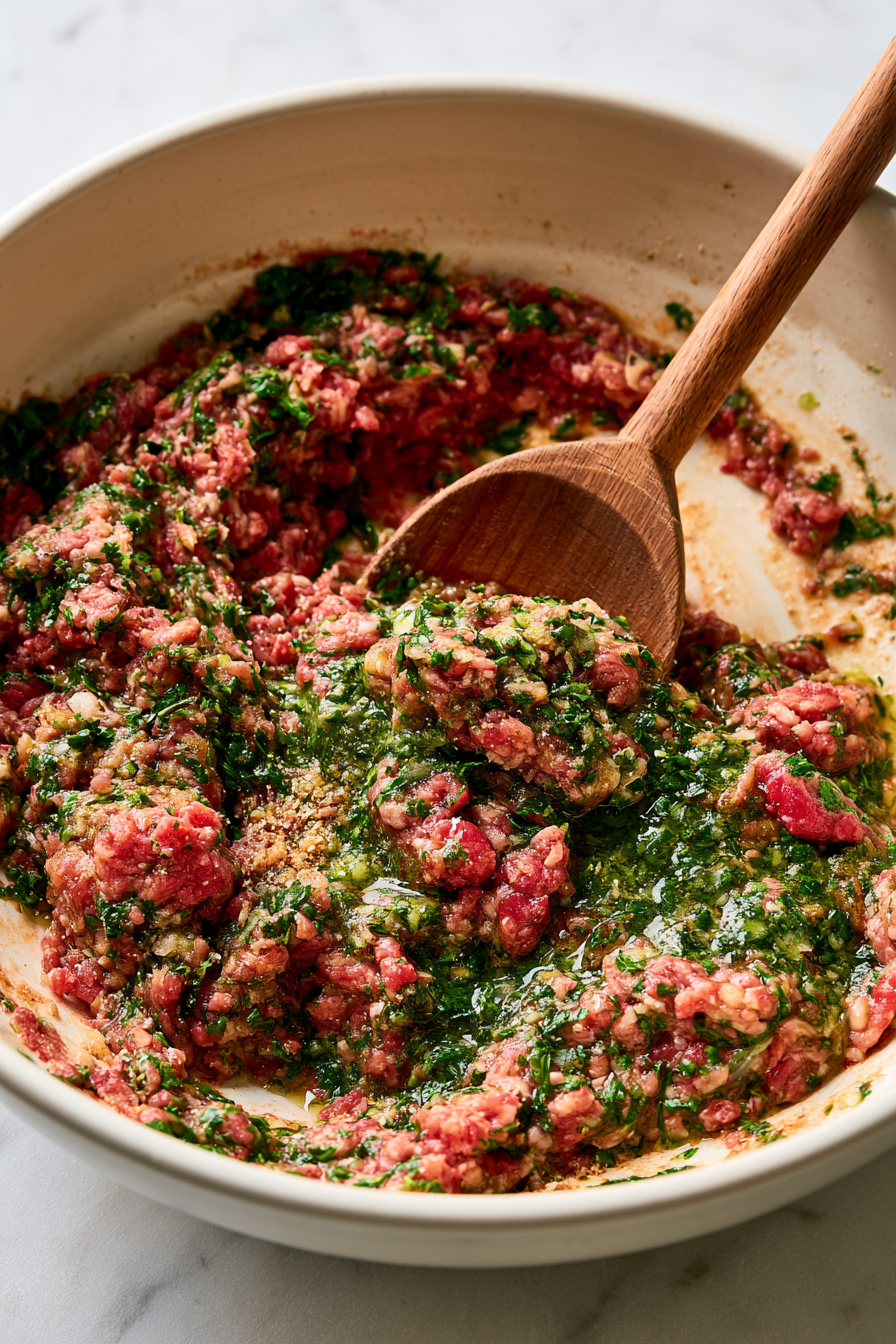 Mix ⅓ cup of the chimichurri with the breadcrumbs. Add the beef, pork, eggs, salt, and pepper, then gently mix just until combined