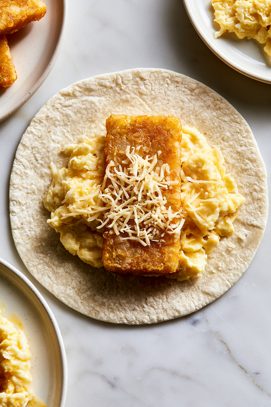 Place one crispy hash brown patty in the center of each tortilla. Divide the scrambled eggs evenly between the tortillas