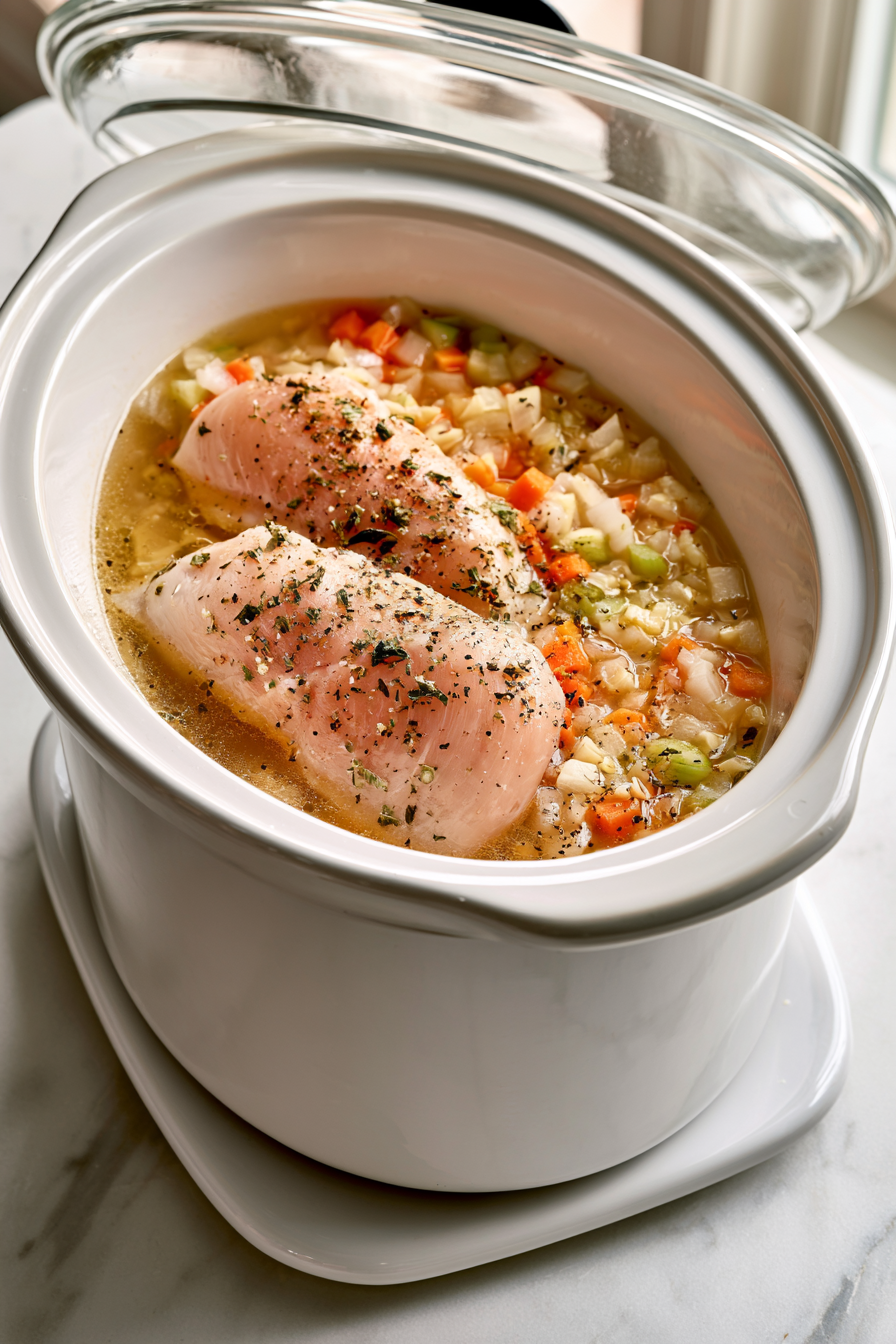 Place the chicken breasts in the slow cooker along with the onion, carrots, celery, garlic, chicken broth, basil, Italian seasoning, thyme, poultry seasoning, salt, and black pepper